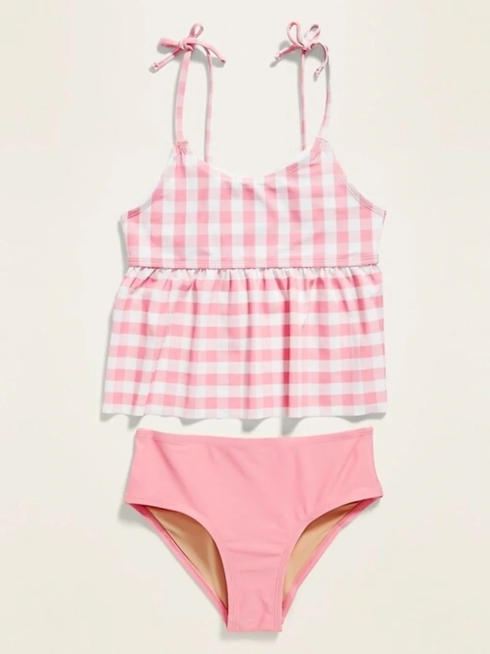 Old Navy Pink Gingham Peplum-Hem Tie-Shoulder Swim Set for Girls Size Large